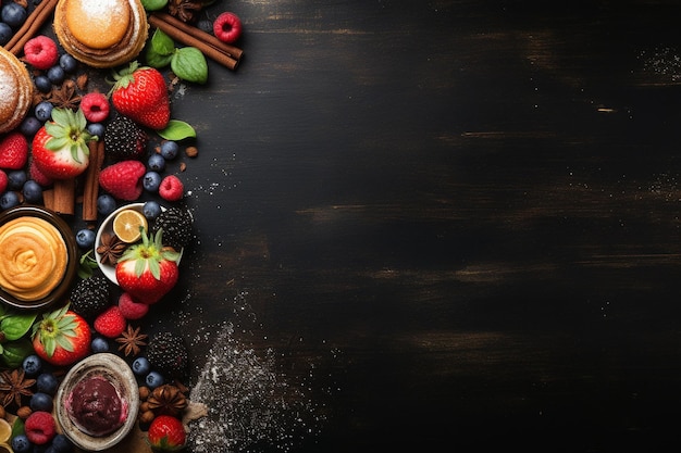 Vue du haut pâtisseries sucrées pâte délicieuse cuite au four pour le thé sur fond sombre repas pâte de pâtisserie pâte de nourriture pâte