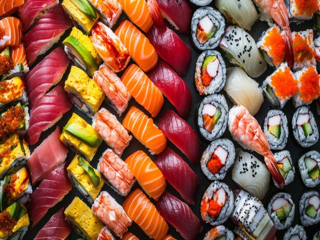 Photo vue du haut d'un plateau de sushi coloré avec un assortiment de rouleaux de nigiri maki et de tranches de sashimi