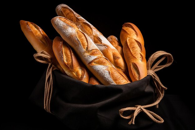 Vue du haut d'un sac rempli de pains de baguette sur fond noir