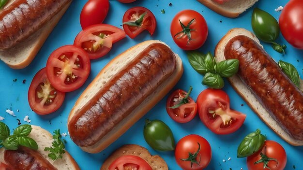 Vue du haut saucisse fraîche et savoureuse avec des tomates sur fond bleu pain viande nourriture hamburger sandwich pain co