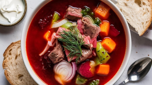 Vue du haut d'une soupe rouge russe ou ukrainienne traditionnelle, du borscht avec du bœuf et des légumes