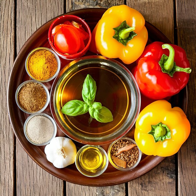 Photo vue du haut d'une table en bois remplie d'ingrédients de pâtes italiennes comme des poivrons, des tomates, de l'huile d'olive, du basilic, du l'ail et de plusieurs épices