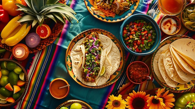 Vue du haut d'une table pleine de délicieux plats mexicains Il y a des tacos burritos enchiladas et d'autres plats