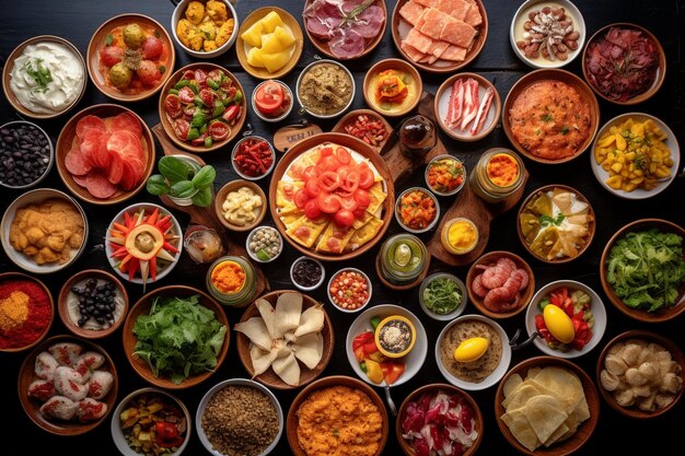 Photo vue du haut sur une table remplie de divers types d'aliments