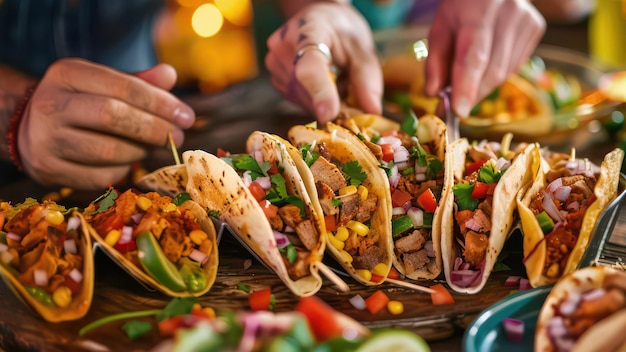 Vue du haut de la table avec des tacos mexicains mangés par des gens