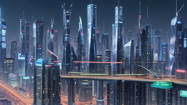 vue du haut d'une ville futuriste et brillamment éclairée