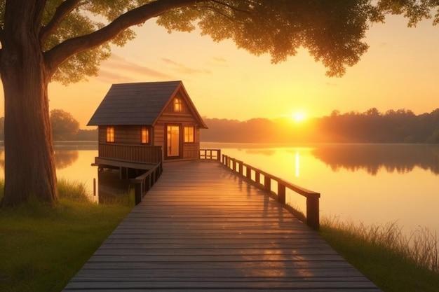 Photo vue du lac sur la montagne avec un petit arbre au coucher du soleil paysages paisibles vibes de relaxation de l'image