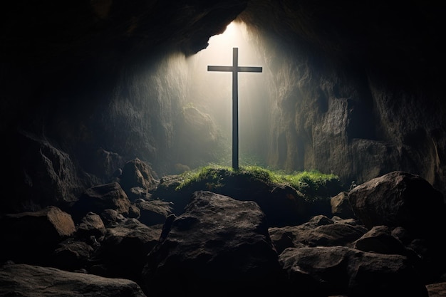Vue du lever du soleil sur la croix chrétienne à l'intérieur de la tombe de la grotte générée par l'IA