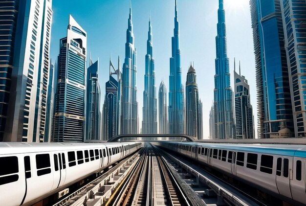 Vue du métro ferroviaire de Dubaï sur les gratte-ciel en verre dans le quartier des affaires, toile de fond urbaine.