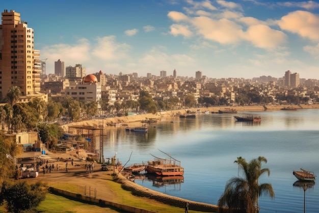 Photo vue du nil et de la ville du caire égypte panorama sur le front de mer du caire du nil ai généré