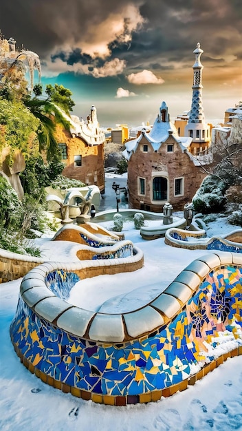 Vue du parc Guell en hiver à Barcelone