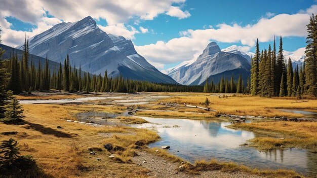 Vue du paysage des champs et des montagnes du parc national de Banff