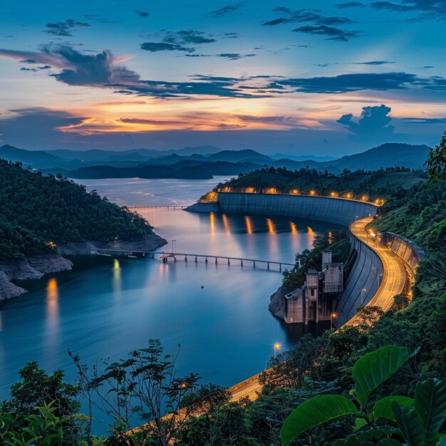 Vue du paysage du barrage de Lam Mun Bon au crépuscule à Nakhon Ratchasima, en Thaïlande