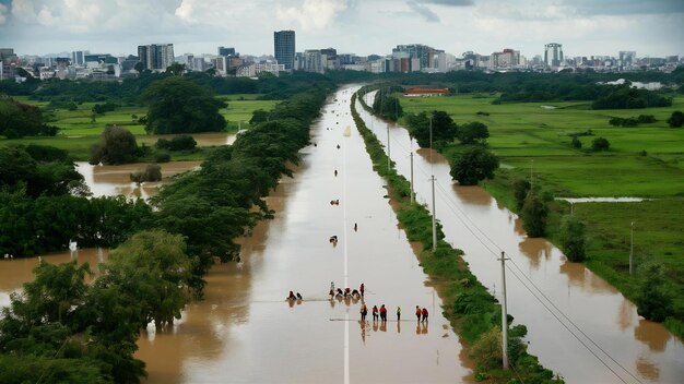 Vue du paysage du paysage urbain de la ville de Bang Bua Thong pendant que l'eau inonde et inonde la route avec le peuple thaïlandais