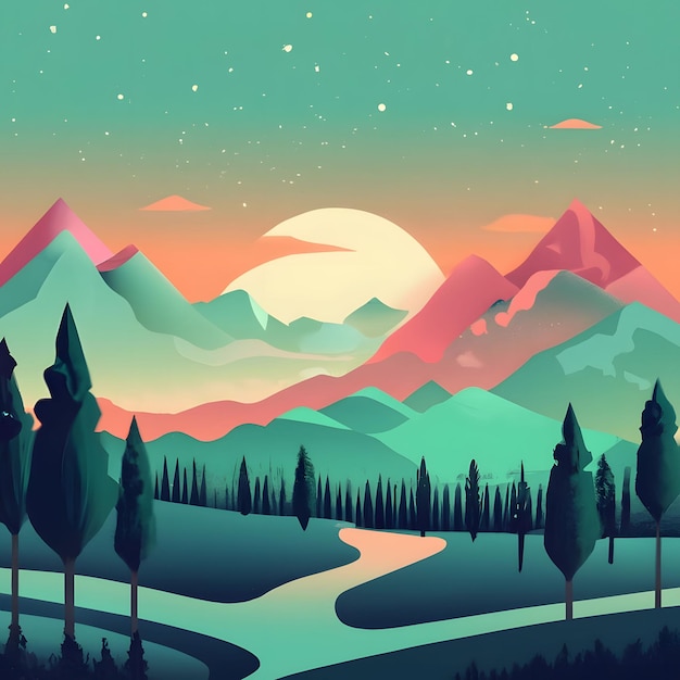 Vue du paysage du sommet de la montagne avec la lumière douce du lever du soleil Arrière-plan d'illustration vectorielle 2D plat