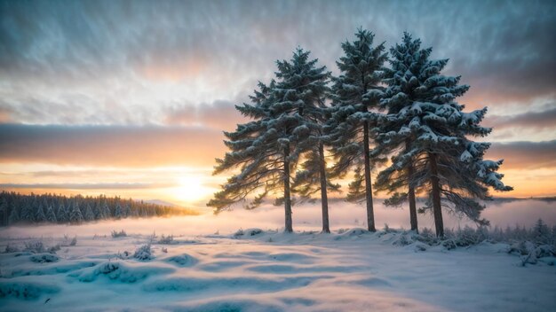 Photo vue du paysage enneigé de la toundra finlandaise au lever du soleil dans la région de rovaniemi en laponie