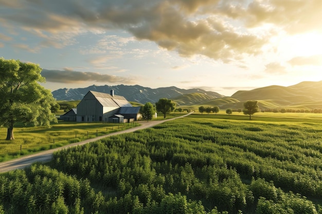 Vue du paysage d'une ferme numérique utilisant la technologie des drones générée par l'intelligence artificielle