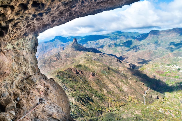 Vue du paysage d'en haut de la chaîne de montagnes, de la vallée et de la route à l'île des Canaries