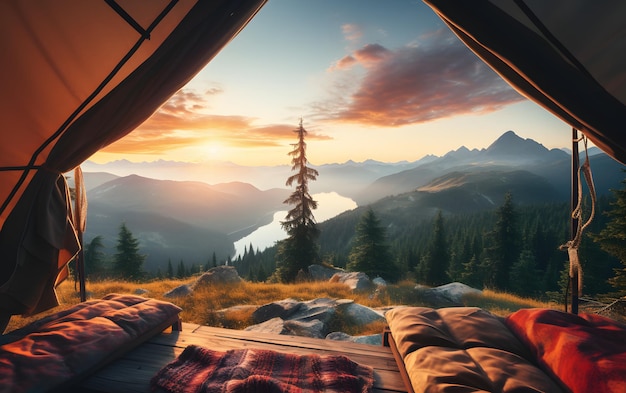 Vue du paysage serein depuis l'intérieur d'une tente Camping coucher de soleil