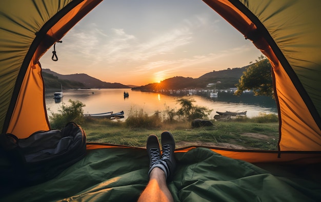 Vue du paysage serein depuis l'intérieur d'une tente Camping coucher de soleil