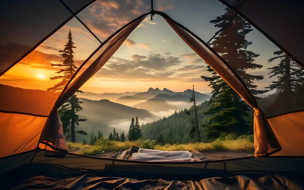 Vue du paysage serein depuis l'intérieur d'une tente Camping coucher de soleil