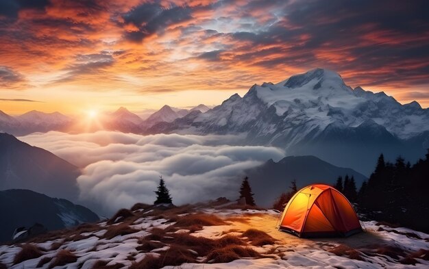 Vue du paysage serein de la montagne enneigée depuis l'intérieur du campement de tente