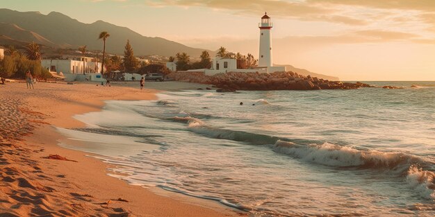 Photo vue du phare de villajoyosa depuis la plage à l'heure d'or