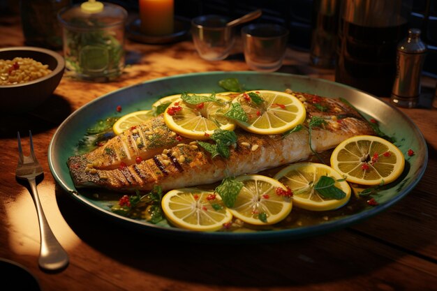 Photo une vue du plat de poisson mahi mahi avec des tranches de citron