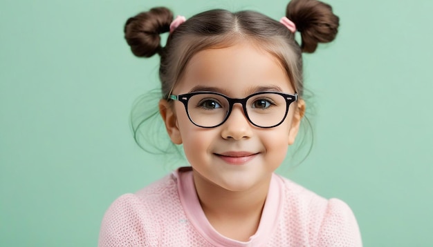 Vue du portrait d'une jolie petite fille avec des lunettes qui regarde la caméra