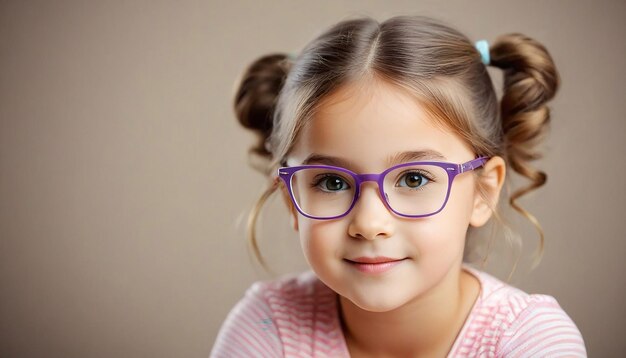 Vue du portrait d'une jolie petite fille avec des lunettes qui regarde la caméra