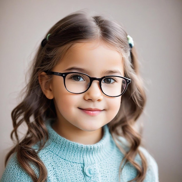 Vue du portrait d'une jolie petite fille avec des lunettes qui regarde la caméra