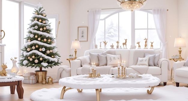 Vue du salon Snowy Serenity avec lumières scintillantes