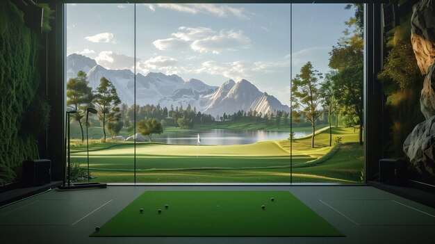 Photo vue du simulateur de parcours de golf avec des montagnes en arrière-plan depuis le bâtiment