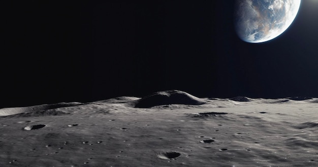 Photo vue du sol lunaire et de la terre dans l'univers spatial et la galaxie pour l'astrologie et la planète de la recherche scientifique
