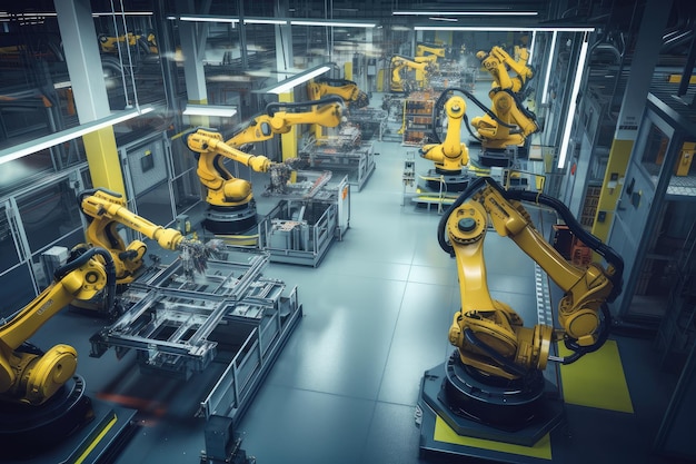 Vue du sol de l'usine avec des bras et des mains robotiques effectuant des tâches précises et complexes