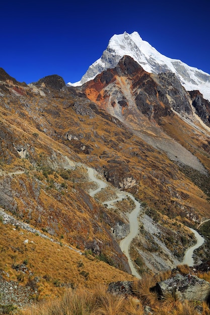 Photo vue du sommet de la montagne par la montagne enneigée contre un ciel dégagé