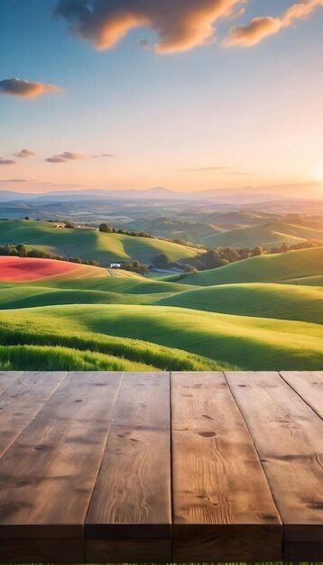 Photo vue du sommet de la table du coucher de soleil sur les collines de la campagne italienne