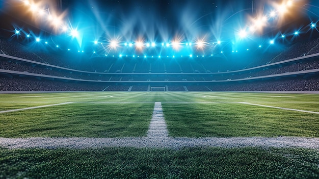 Photo vue du stade de football de la gloire nocturne éclairée par des projecteurs bleus