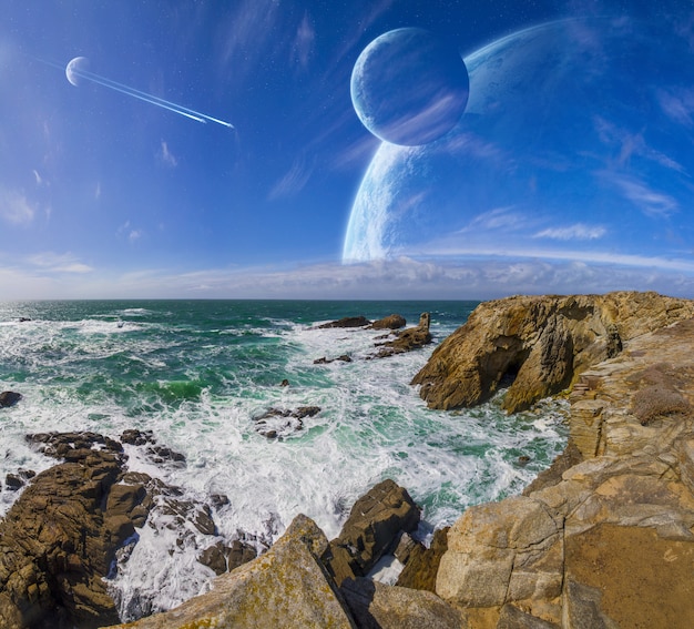 Vue Du Système De Planète Lointaine Depuis Les Falaises