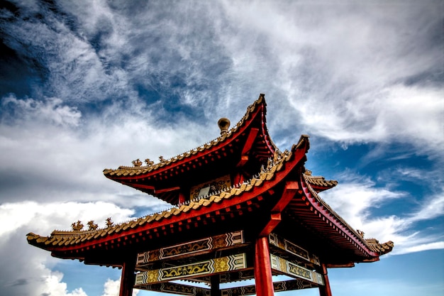 Vue du temple sous angle bas contre un ciel nuageux