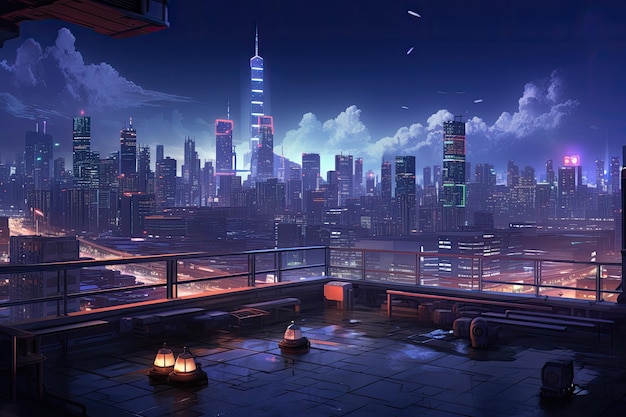 Vue du toit d'un paysage urbain animé la nuit