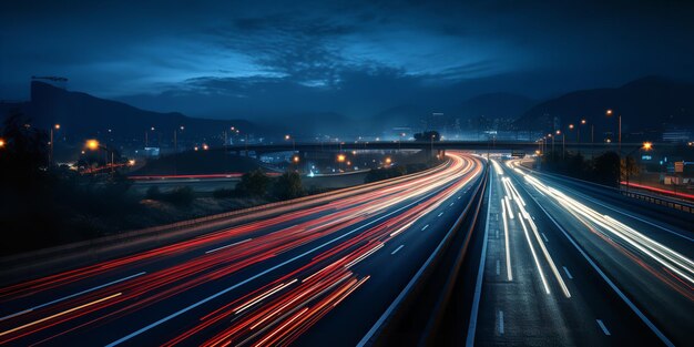 Vue du trafic de l'autoroute par drone la nuit