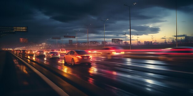 Vue du trafic de l'autoroute par drone la nuit