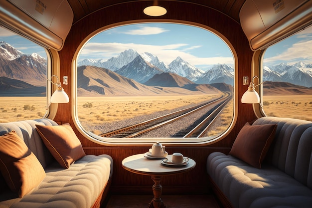 Vue du train luxueux avec vue sur les majestueuses montagnes en arrière-plan