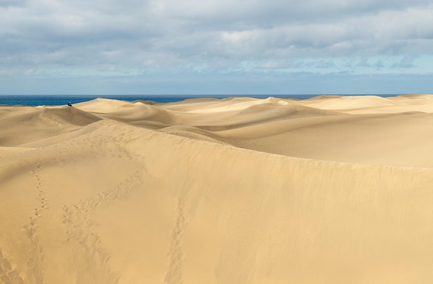 Photo vue sur les dunes de maspalomas îles canaries espagne avec colline de sable doré du désert du sahara