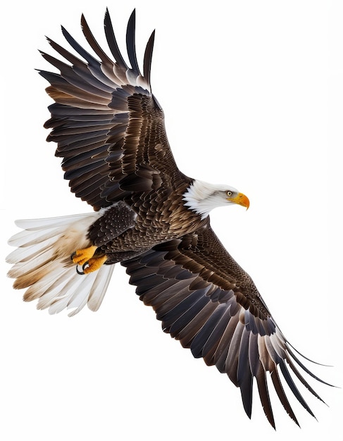 Vue dynamique d'un aigle à tête blanche en vol avec les ailes déployées sur un fond clair