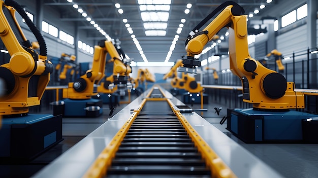 Une vue dynamique d'une usine d'innovation moderne où la ligne d'assemblage est une vague d'activité Robots colorés en bleu foncé et jaune foncé travaillent en douceur dans l'IA générative minimaliste