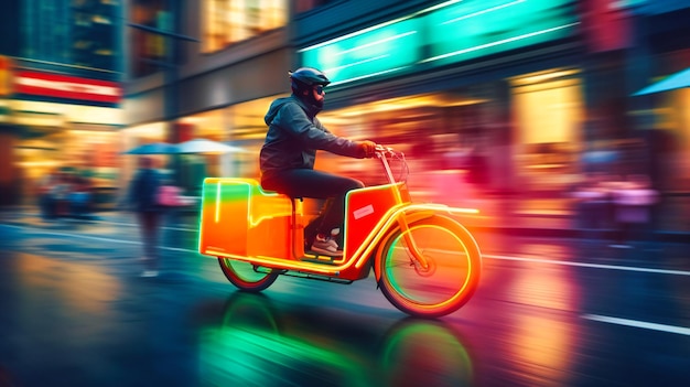 Une vue dynamique d'un vélo cargo électrique futuriste traversant une rue animée de la ville livrant des marchandises avec rapidité et efficacité