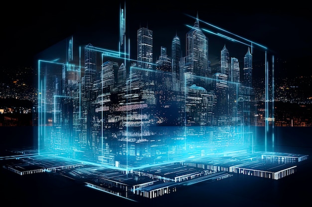 Vue d'écran d'ordinateur générative d'IA illustrant une architecture futuriste avec connexion numérique