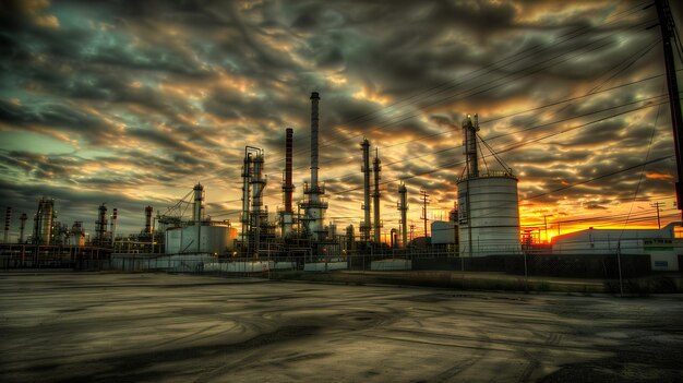 Photo vue d'ensemble de l'industrie la raffinerie est une zone industrielle avec le lever du soleil et un ciel nuageux